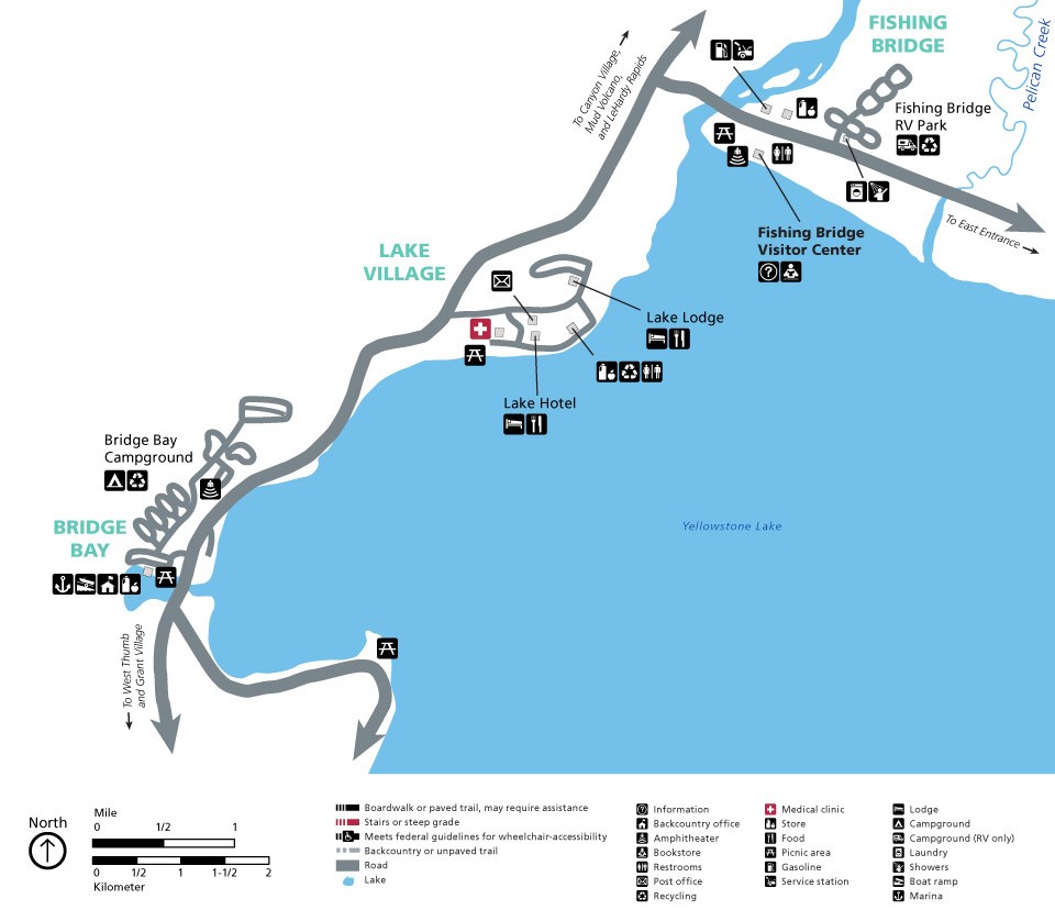 Map showing the location of services and the accessibility levels of trails.