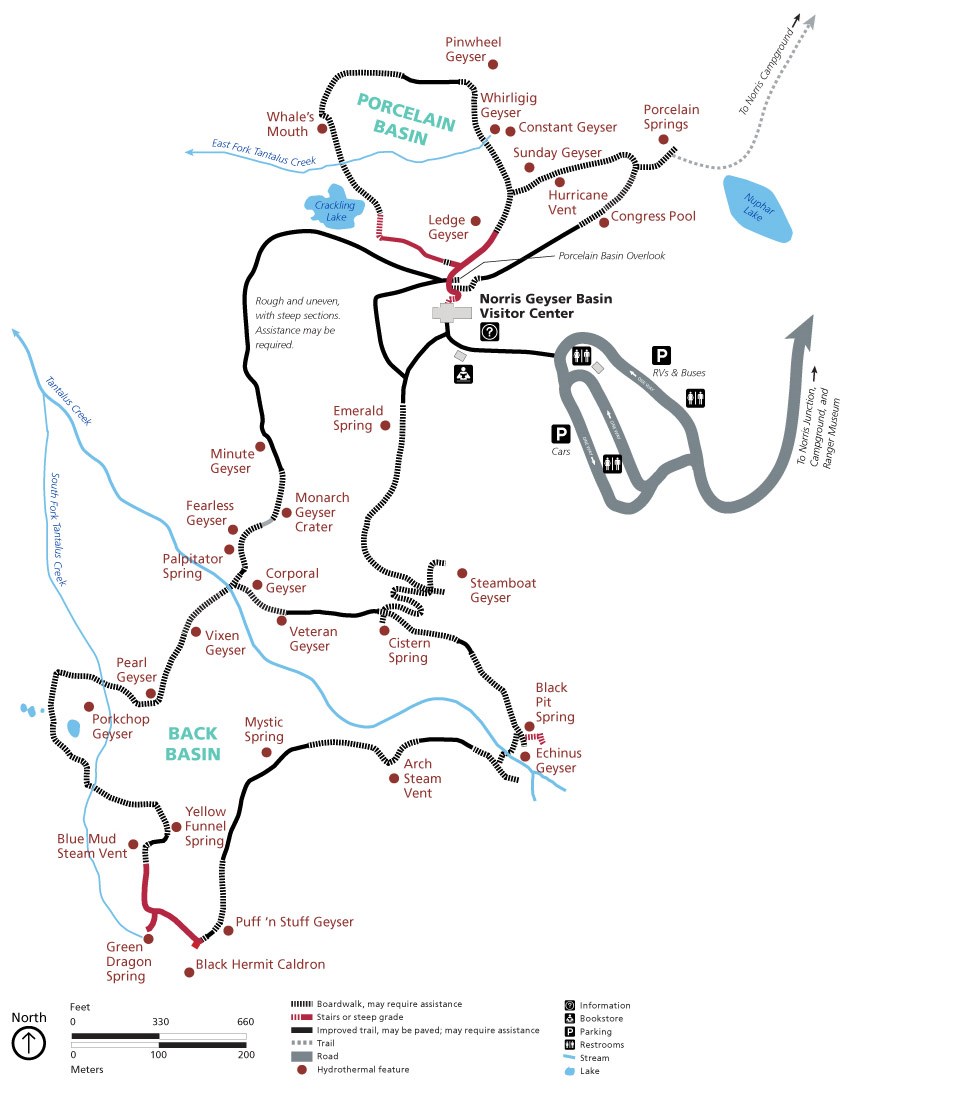 Map showing the location of services and the accessibility levels of trails.