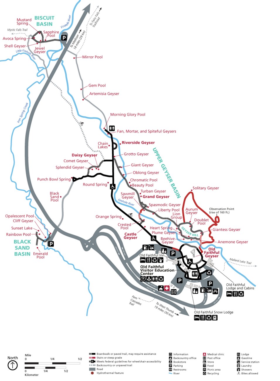 Map showing the location of services and the accessibility levels of trails.