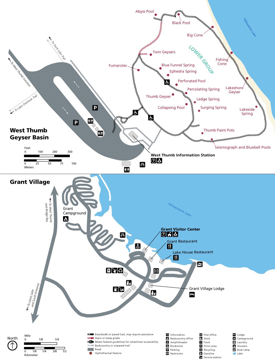 Maps showing the location of services and the accessibility levels of trails.