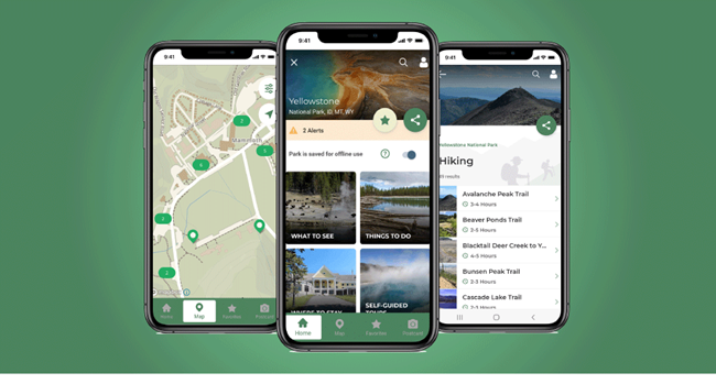 A graphic of three phones showing different screens of the NPS app in front of a green background