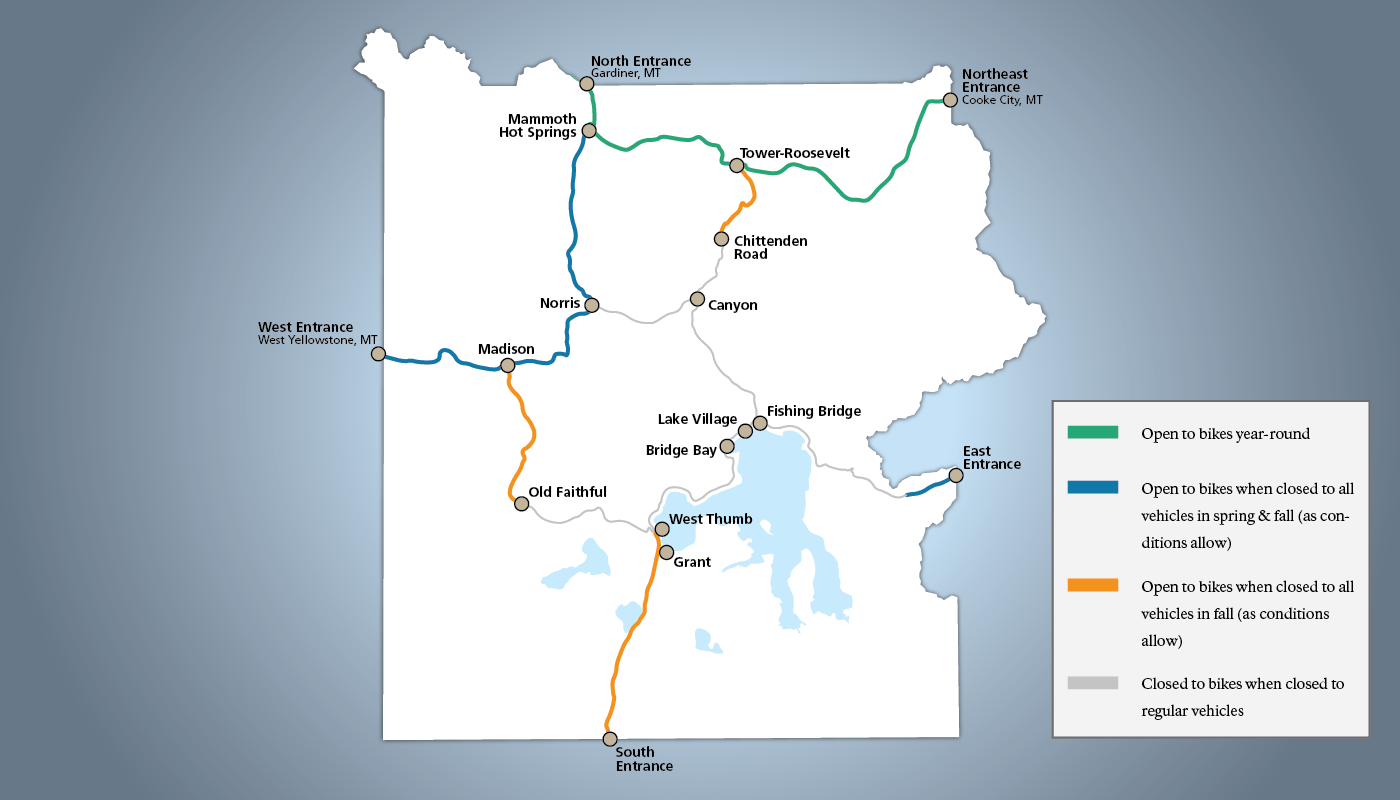 A map of Yellowstone National Park showing the roads open to spring and fall biking.