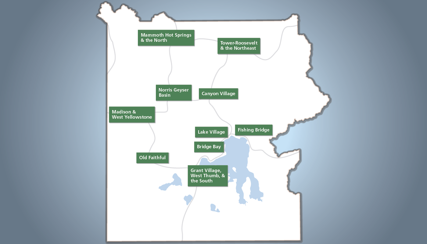 A map of Yellowstone National Park that shows the roads and 10 developed areas in the park.