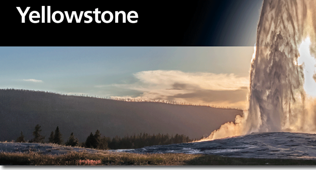 A brochure with a black band behind an erupting geyser, with the title: Yellowstone