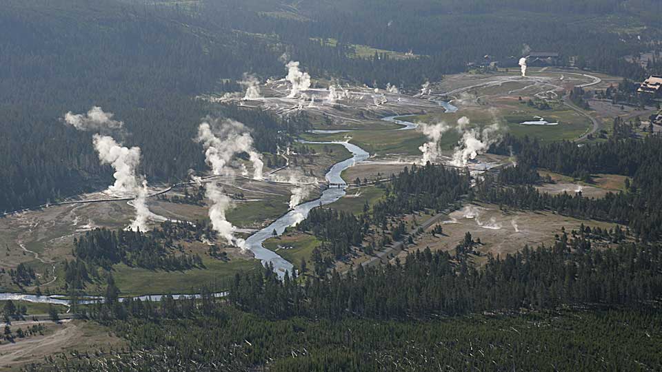 Aerial view of geyser basin