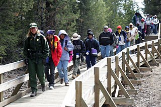 A ranger leads a group of children across a bridge in Yellowstone.
