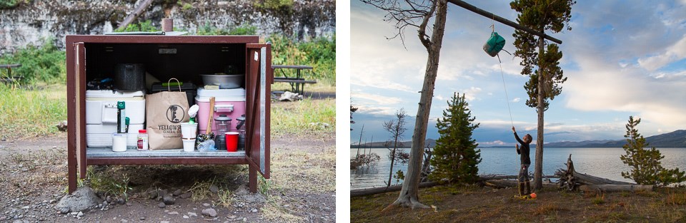 Two photos: one showing food stored in a bear box, the other showing food being hung from a food pole.