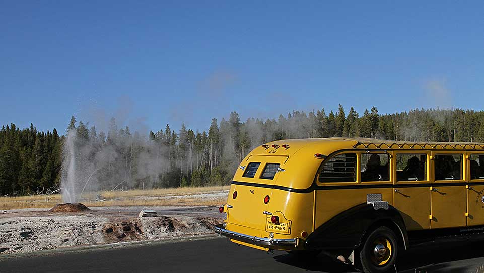 Tour bus passes by a geyser Tour bus passes by a geyser