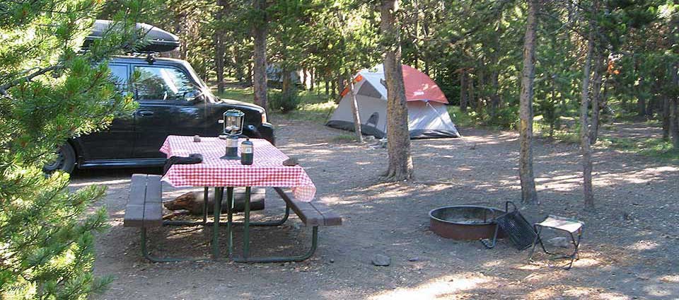 Campsite with car and picnic table