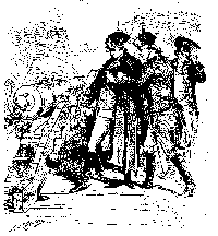 Black and white sketch of General George Washington preparing to fire a cannon. 