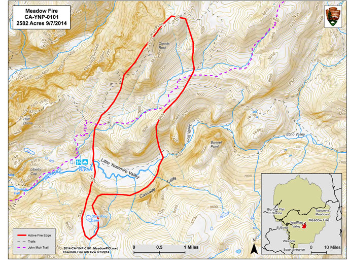 Map showing fire in Little Yosemite Valley area