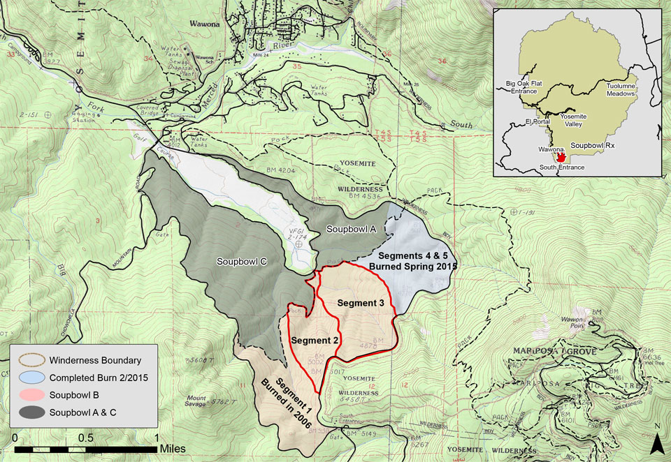 Map showing location of Soupbowl prescribed fire, surrounding the Wawona Meadow, near Wawona