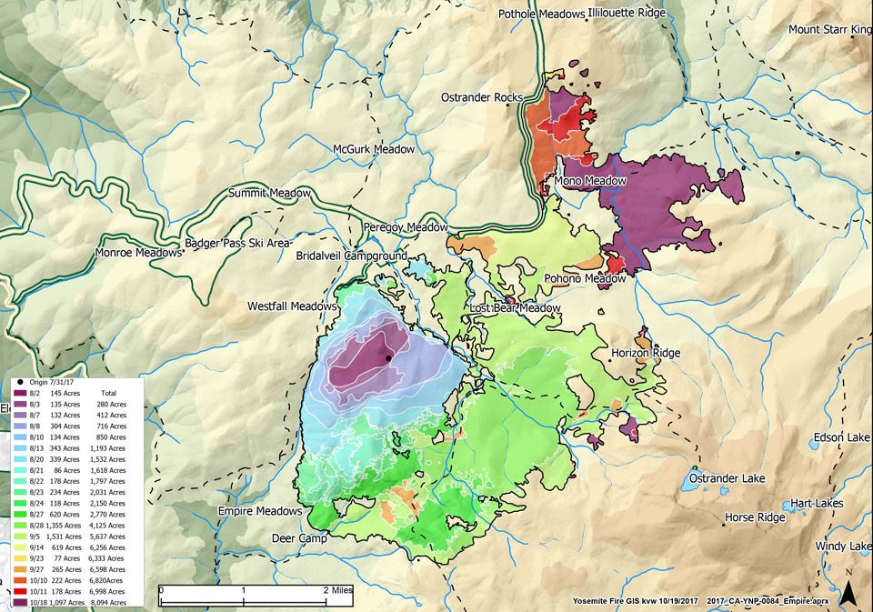 Map showing fire extent, south and east of Glacier Point Road, from Bridalveil Creek Campground to Mono Meadow area, with most recent activity by Mono Meadow