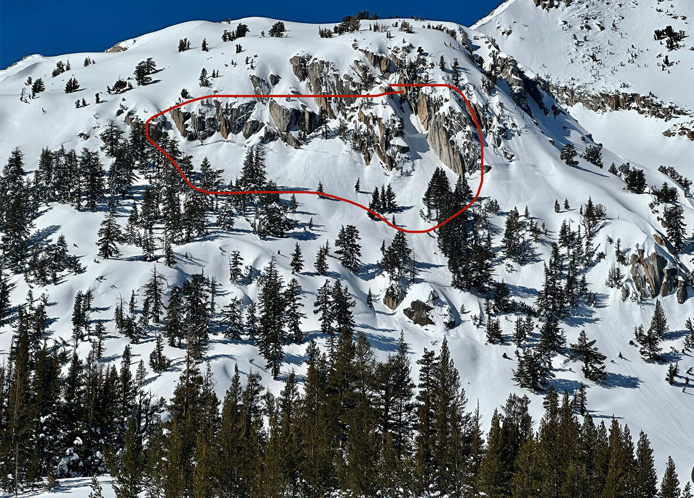 Avalanche crown line above Elizabeth Lake that probably occurred on March 11, 2023.