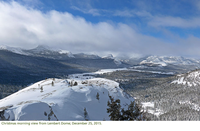 Snow covered mountains and trees with white puffy clouds in the sky.