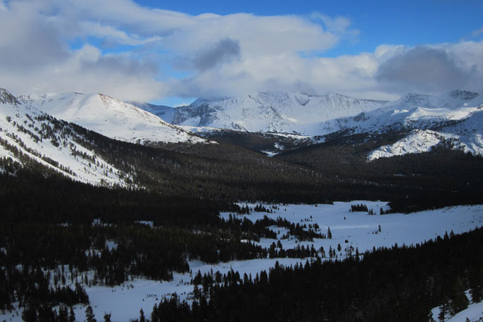 Dana Meadows with cloud-shrowded mountains