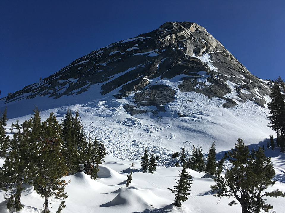 Glide avalanche on Cathedral Peak shoulder on February 24, 2021. Glide avalanche on Cathedral Peak shoulder on February 24, 2021.