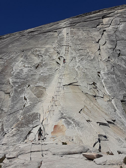 Steep view of Half Dome cables near summit