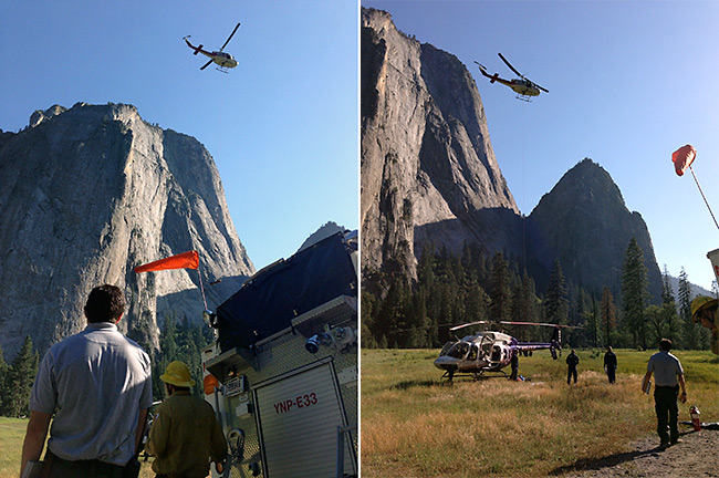 Subject is lowered to El Capitan Meadow for transfer to air ambulance helicopter Subject is lowered to El Capitan Meadow for transfer to air ambulance helicopter