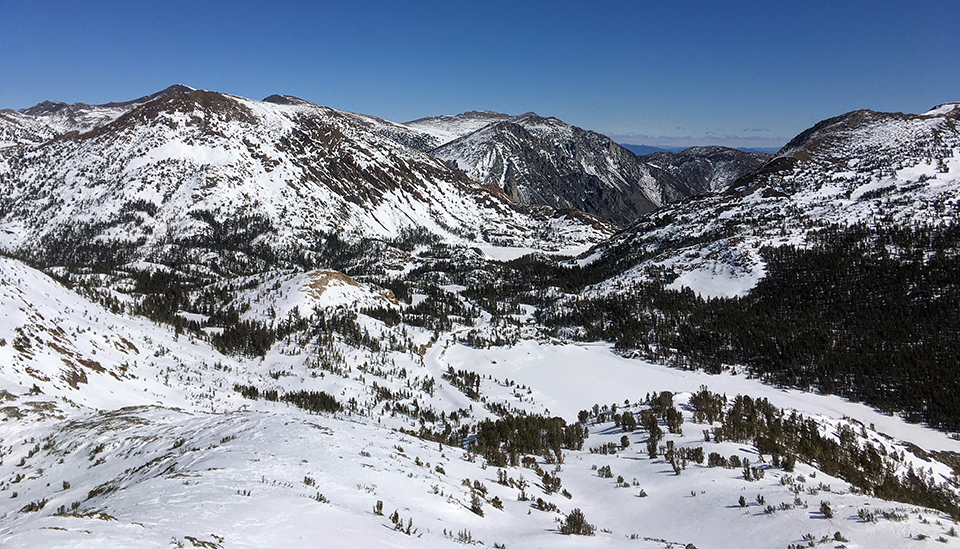 Looking east toward Tioga Lake and Peak on February 27th 2021. Looking east toward Tioga Lake and Peak on February 27th 2021.