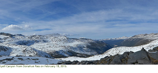 Light snow cover over Lyell Canyon looking from Donahue Pass.