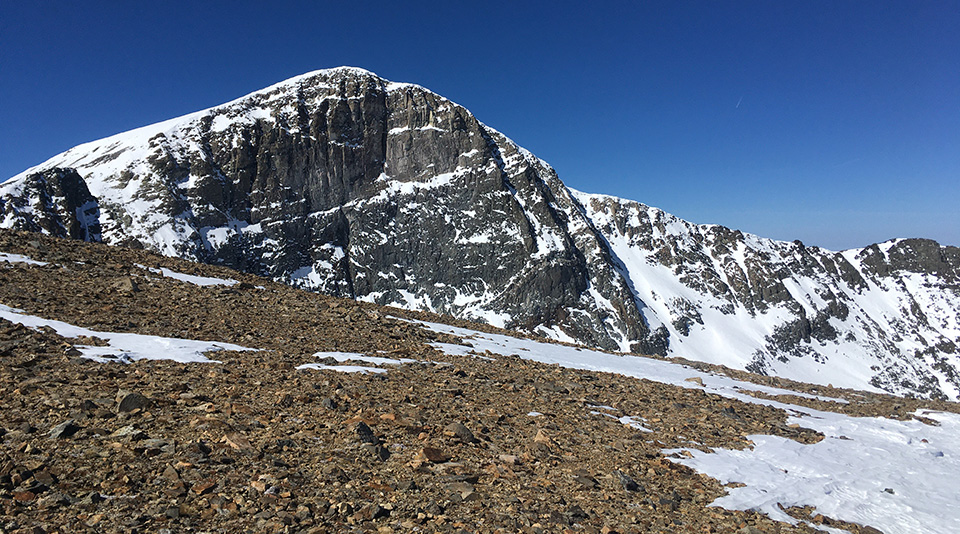 Mt. Dana from the Dana Plateau on April 2, 2021. Mt. Dana from the Dana Plateau on April 2, 2021. Some snow and some bare rock.