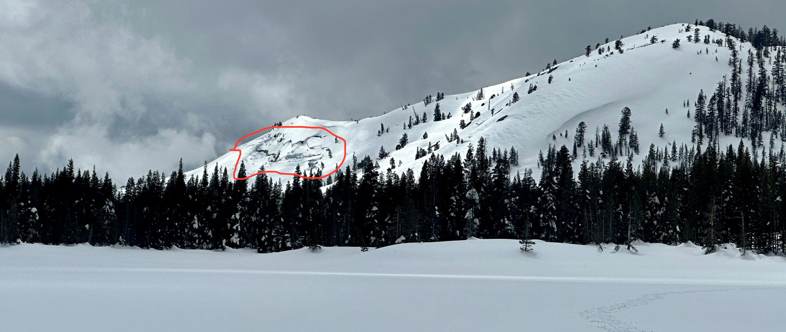 Photo of a snowy hillside with a large avalanche highlighted