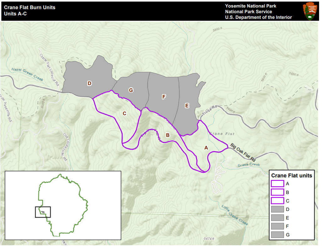 Map showing burn units, including unit C, south of Big Oak Flat Road west of Crane Flat