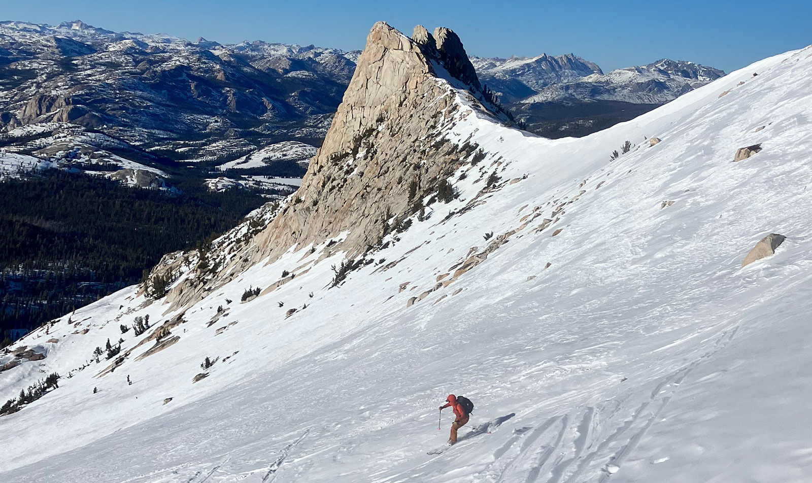 Park visitor skiing in the shadow of Unicorn Peak on February 5, 2026.