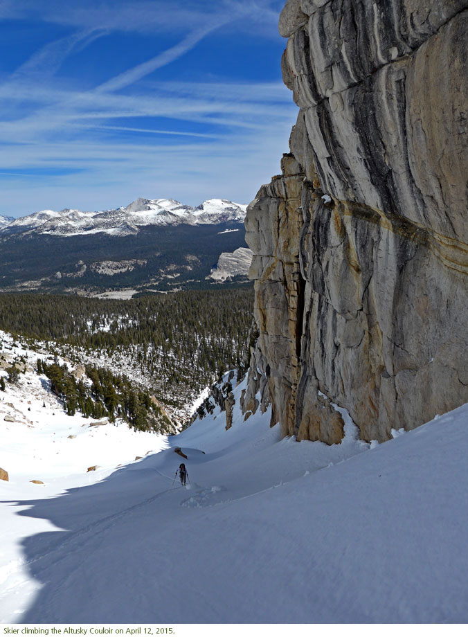 Skier climbing the Altusky Couloir on April 12th