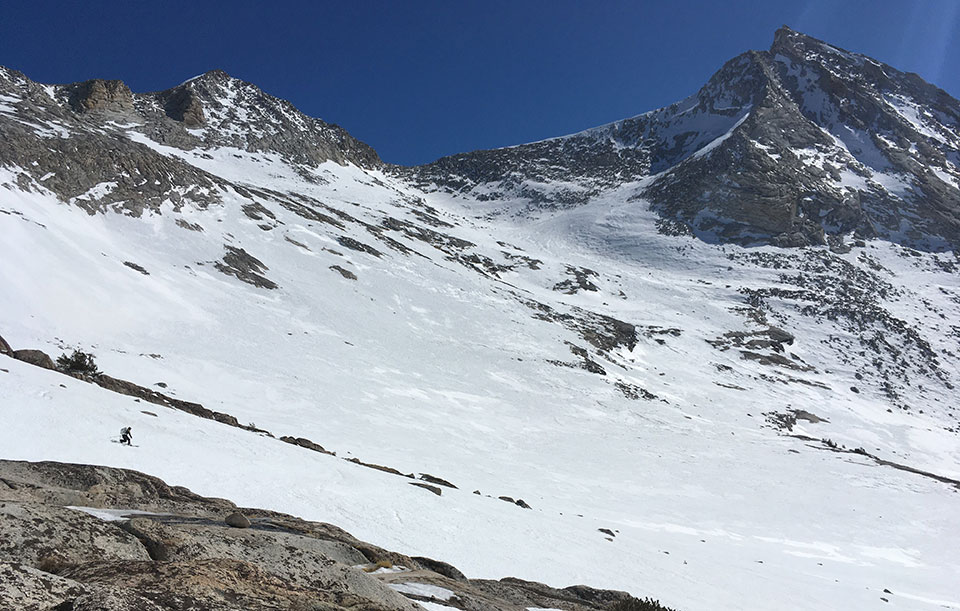 Skier in the shadow of Mt. Conness on February 19, 2022. Skier in the shadow of Mt. Conness on February 19, 2022.