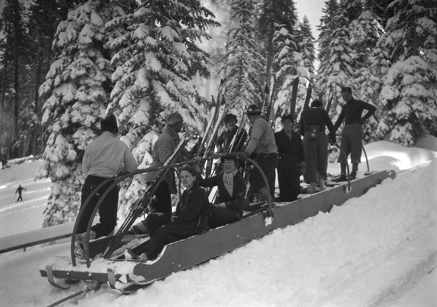 Historic image of the Upski at Badger Pass, twin sleds pulled by a cable. 