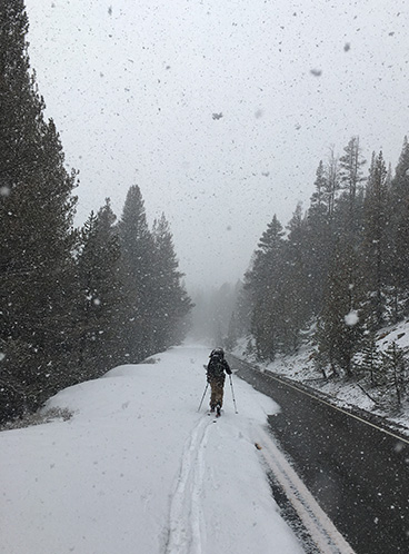 Spring snowfall on April 14, 2021. Spring snowfall on April 14, 2021 with skier.