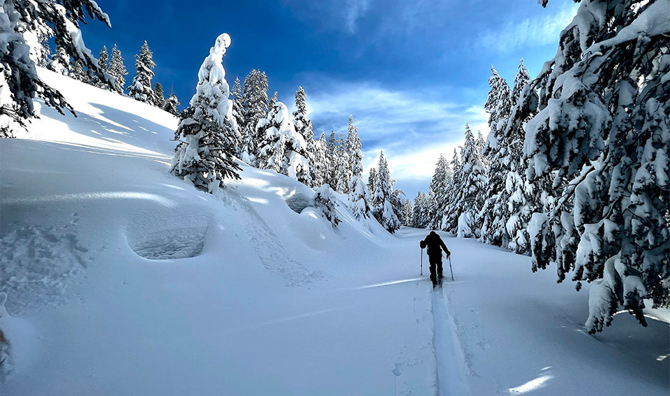 Trail breaking on the Tioga Road on January 16, 2023.