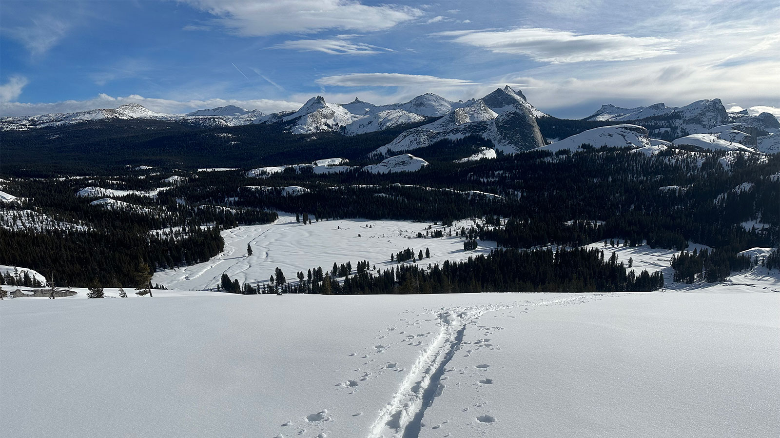 View of Tuolumne Meadows from Telemark Dome on January 19, 2024.