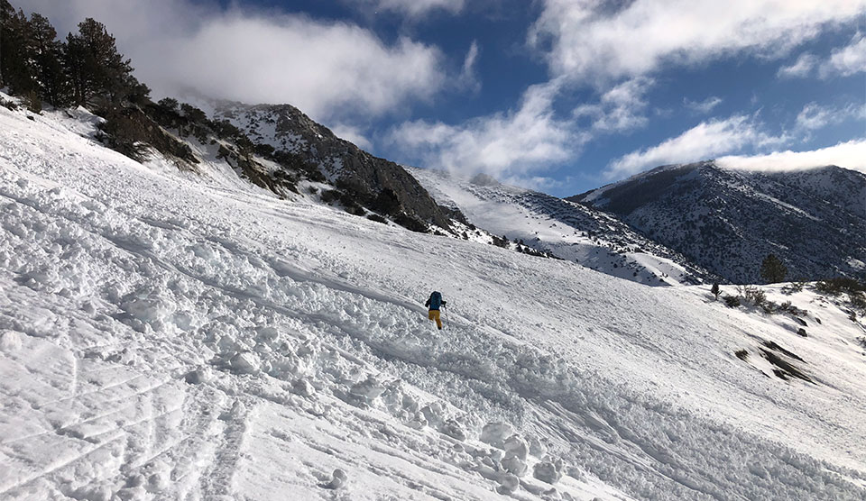 Skier going across wet and loose avalanche, Tioga Road on January 21, 2023.