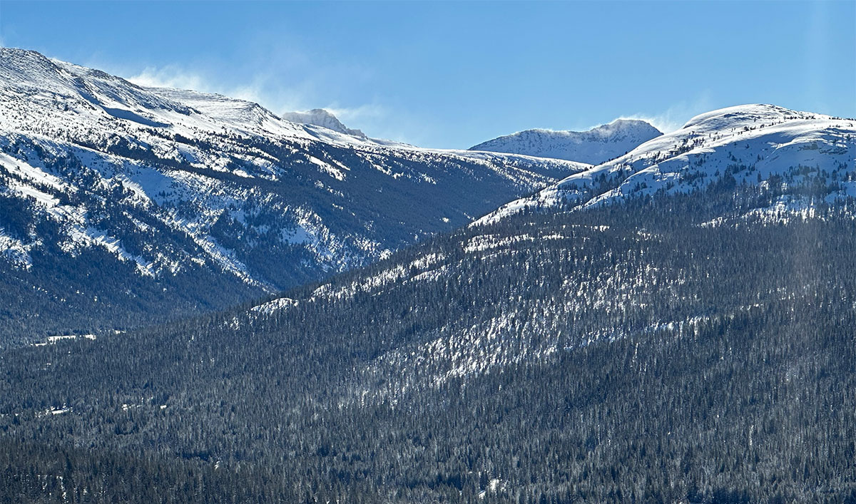 Wind transported snow above Lyell Canyon on February 6, 2023.