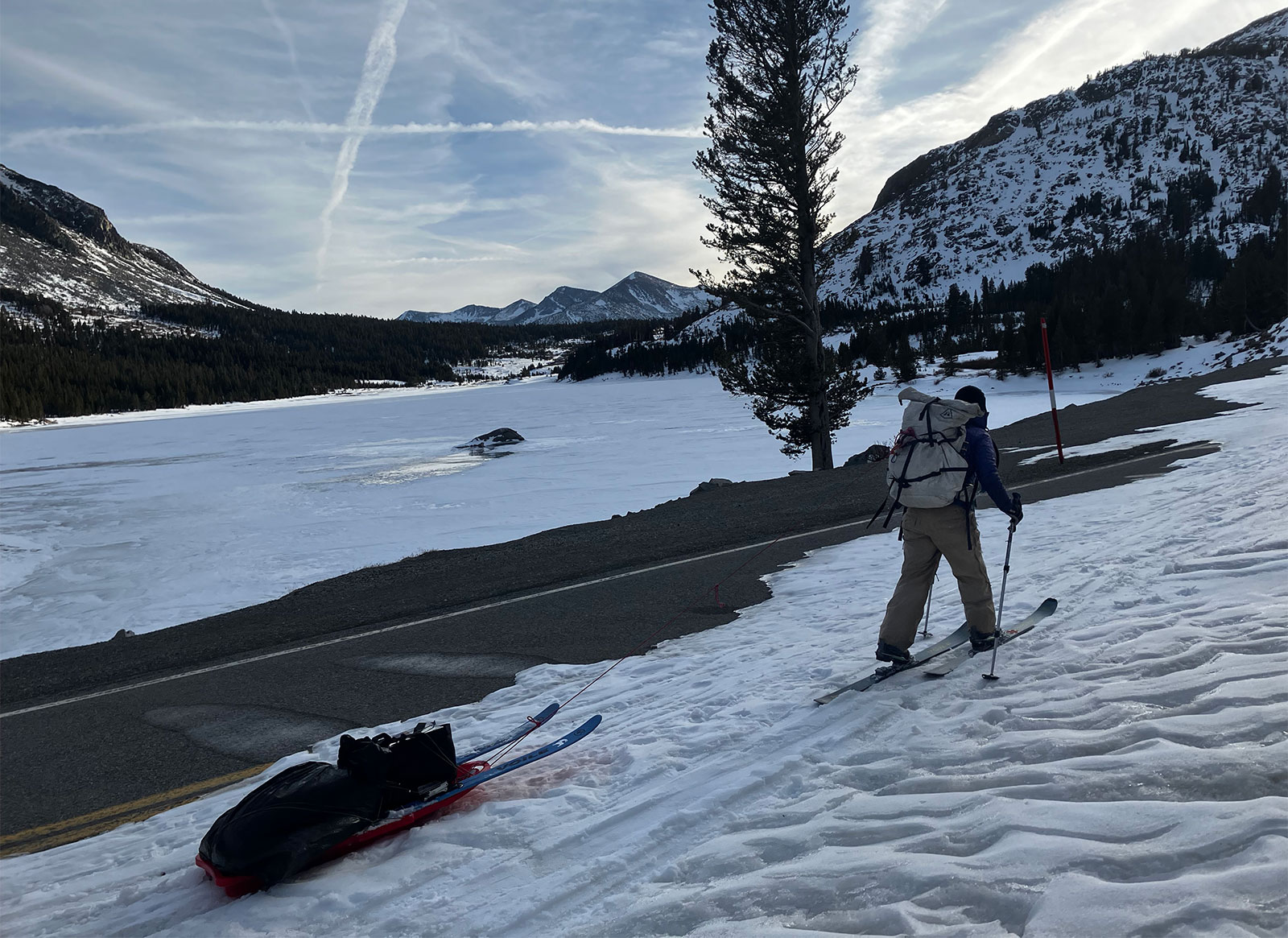 Winter ranger pulling sled near Tioga Lake to start season on December 8, 2023.