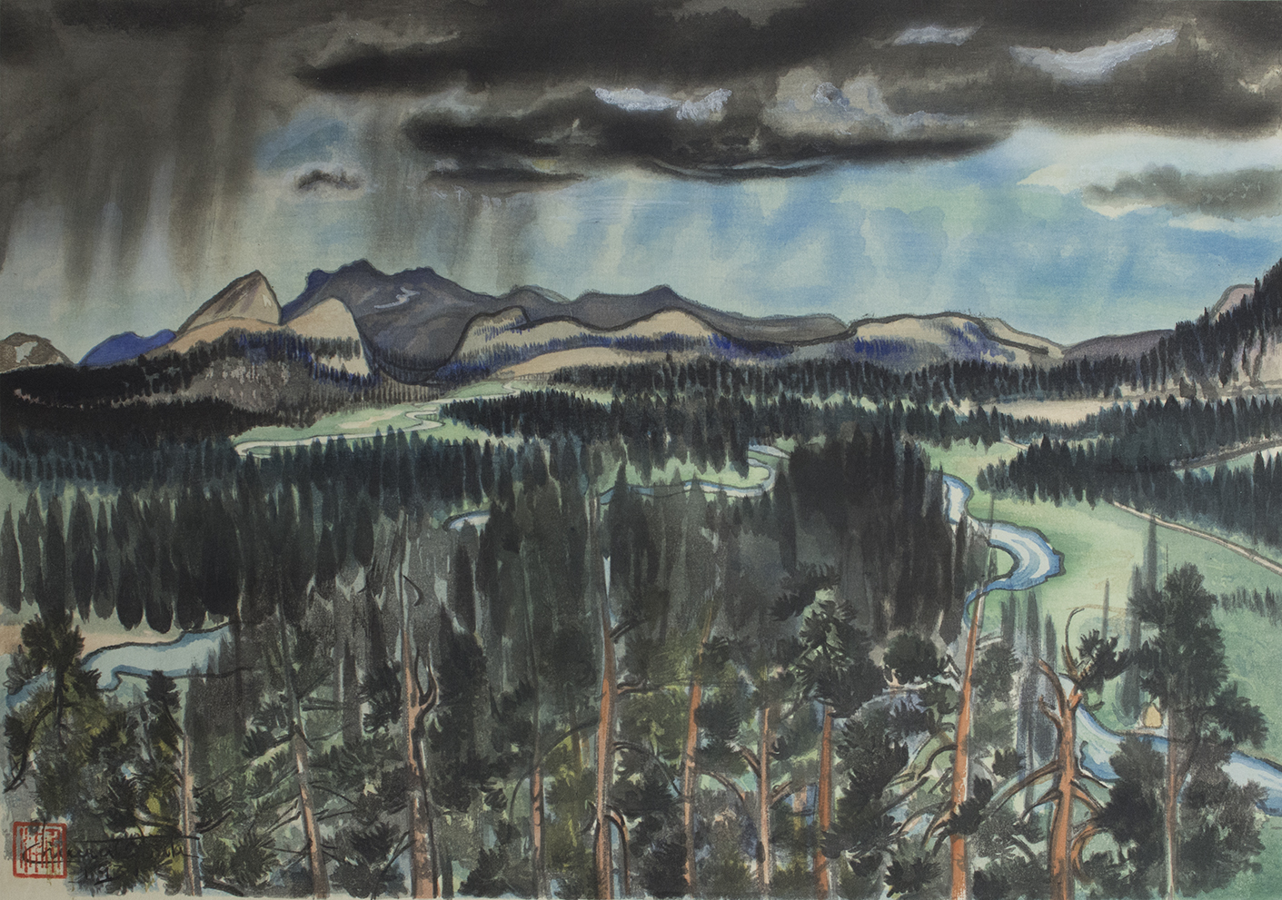 Before Thunderstorm, Tuolumne Meadows. Chiura Obata, Before Thunderstorm, Tuolumne Meadows, 1930, color woodcut on paper