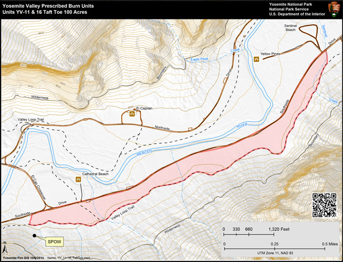 Map showing extent of planned prescribed fire between El Capitan Crossover and Four Mile Trail, south of Southside Drive