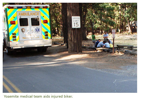 Yosemite medical team aids injured biker. Yosemite medical team aids injured biker.