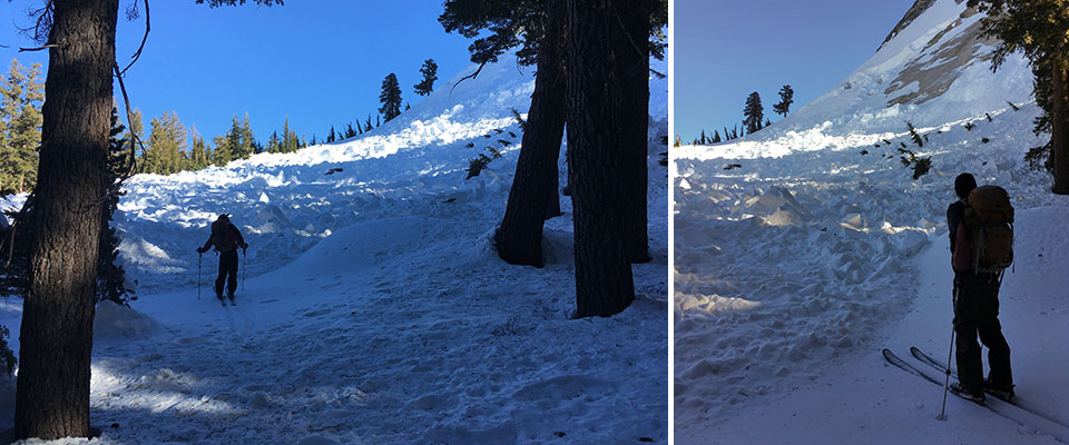 Two images of a skier and avalanche along Cathedral Lakes Trail on January 19, 2022.