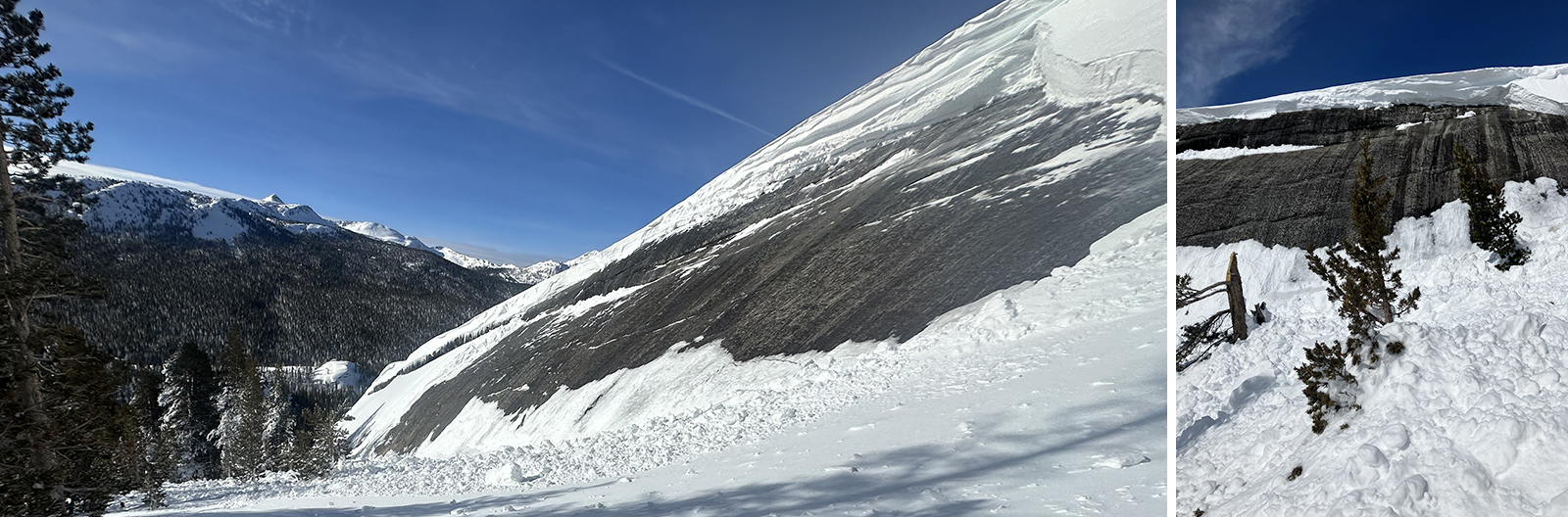 Wind slab avalanche on granite slope above Tuolumne Meadows on March 4, 2024.