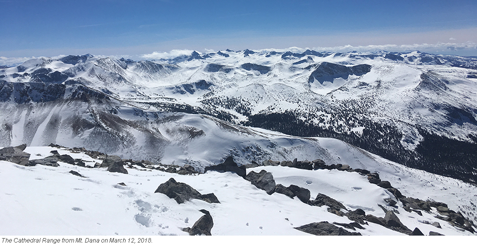 Snow covered cathedral range as seen from Mt. Dana on March 12, 2018. Snow covered cathedral range as seen from Mt. Dana on March 12, 2018.