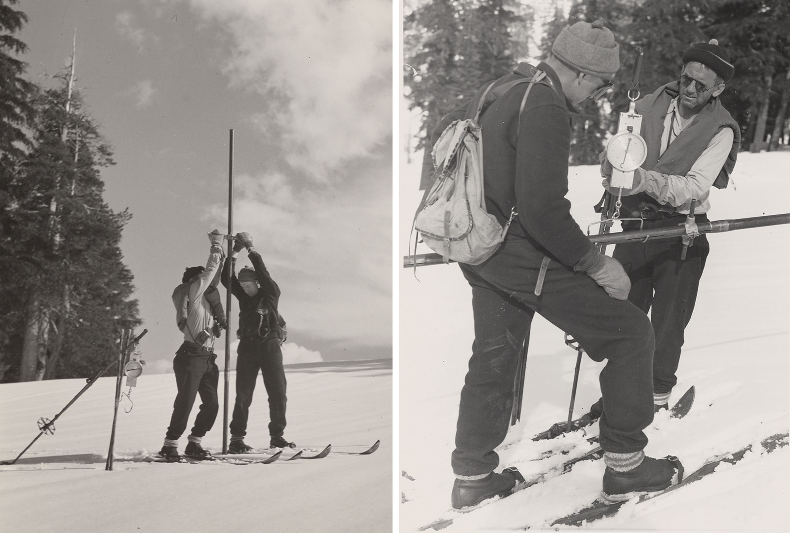 Left image: Mt. Rose snow sampler in action.; Right image: Snow sampler with snow core being weighed. 