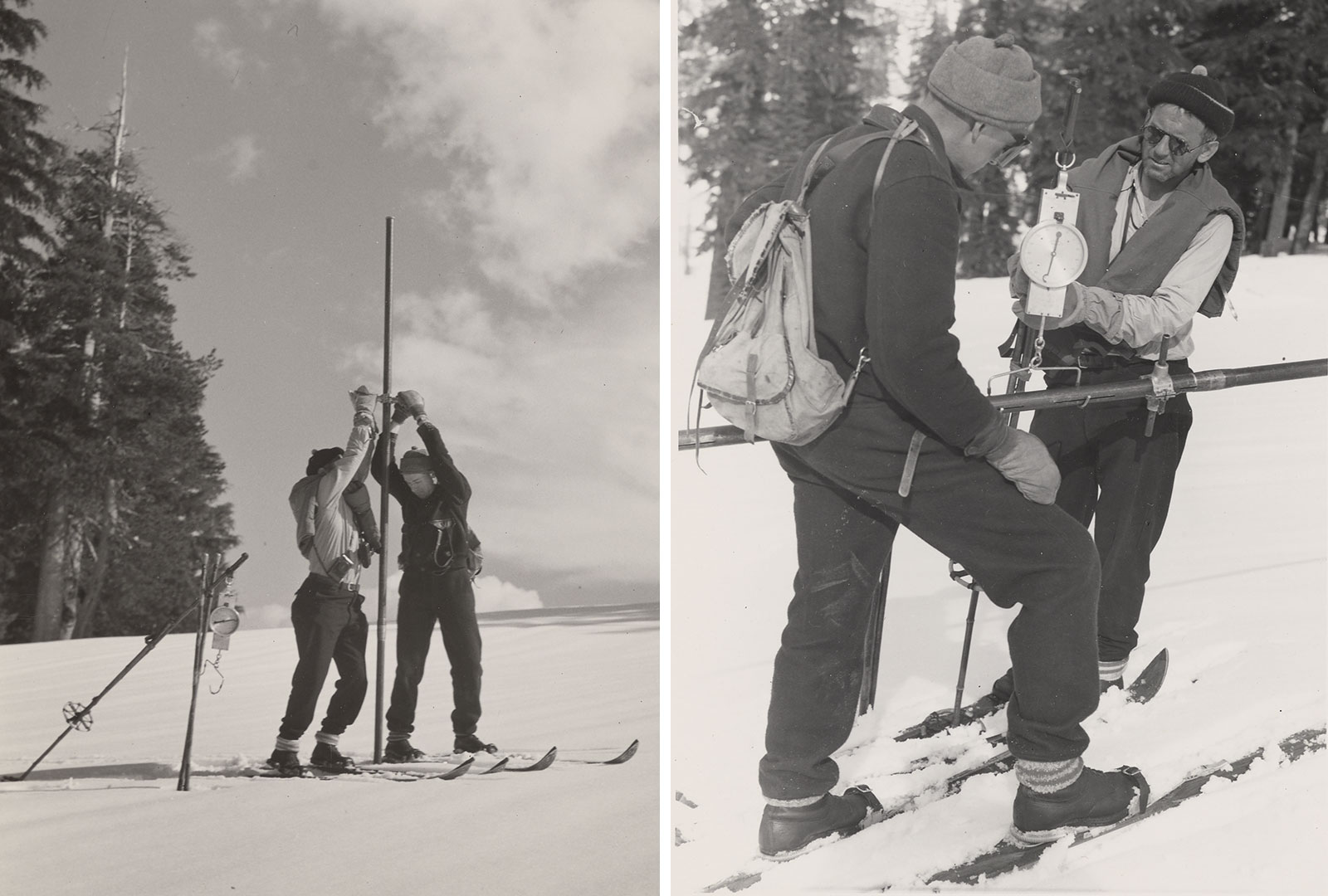 Left image: Mt. Rose snow sampler in action.; Right image: Snow sampler with snow core being weighed. Left image: Mt. Rose snow sampler in action.; Right image: Snow sampler with snow core being weighed.