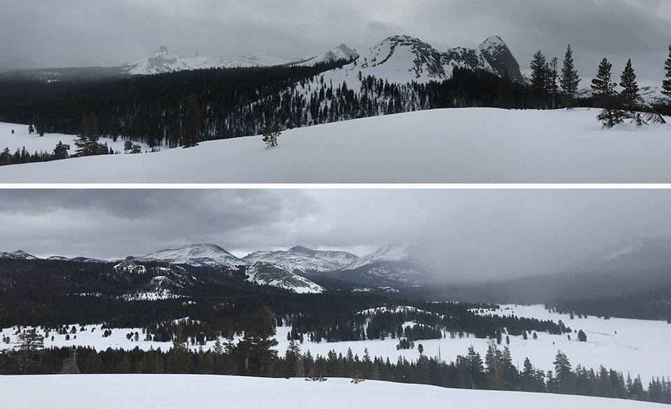 Top image: Grey skies and views of Marmot Dome and Fairview Dome as seen from Pothole Dome; Bottom image: Grey skies and views of Lembert Dome and Mts. Dana and Gibbs Top image: Grey skies and views of Marmot Dome and Fairview Dome as seen from Pothole Dome; Bottom image: Grey skies and views of Lembert Dome and Mts. Dana and Gibbs