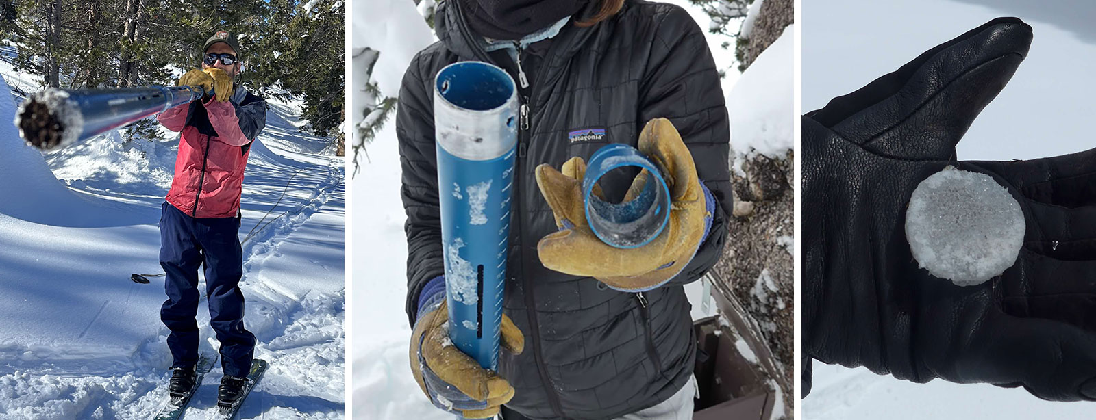 Left image: Dirt Plug at Snow Flat in April 2023; Middle image: Broken weld on new snow survey tubes in 2017; Right image: Ice layer plug in 2017 