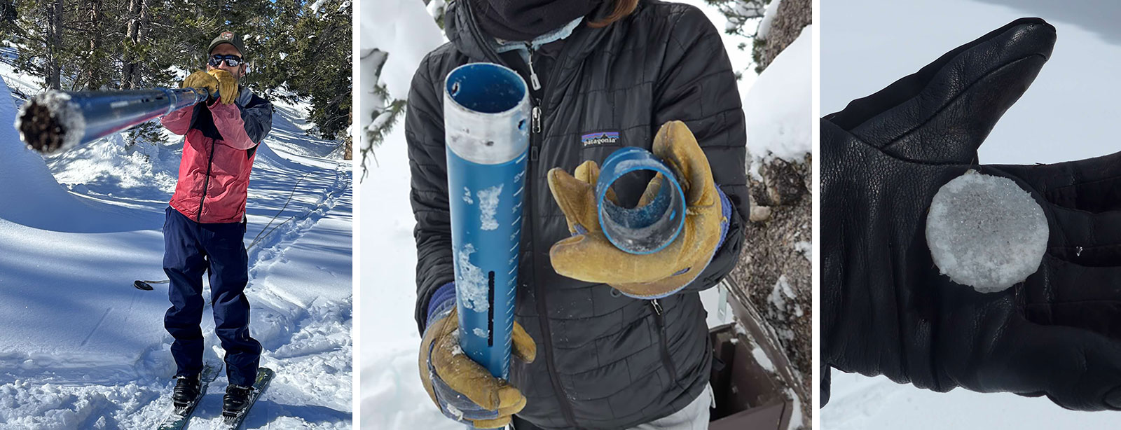 Left image: Dirt Plug at Snow Flat in April 2023; Middle image: Broken weld on new snow survey tubes in 2017; Right image: Ice layer plug in 2017 Left image: Dirt Plug at Snow Flat in April 2023; Middle image: Broken weld on new snow survey tubes in 2017; Right image: Ice layer plug in 2017