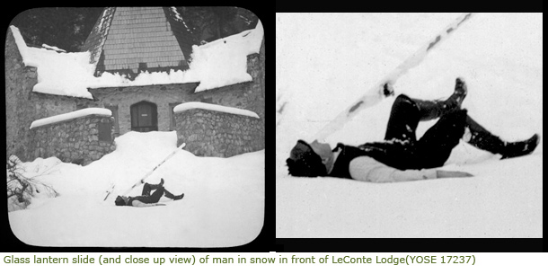Glass lantern slide and close up of it - man in snow in front of LeConte Lodge Glass lantern slide and close up of it - man in snow in front of LeConte Lodge